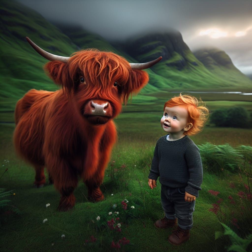 Toddler and Highland Cow in Verdant Valley