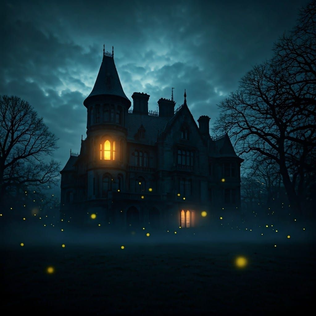 Surreal Mansion in the Fog, as if from a Tim Burton Film