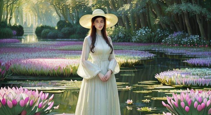 Serene Garden Scene in Soft Impressionist Style