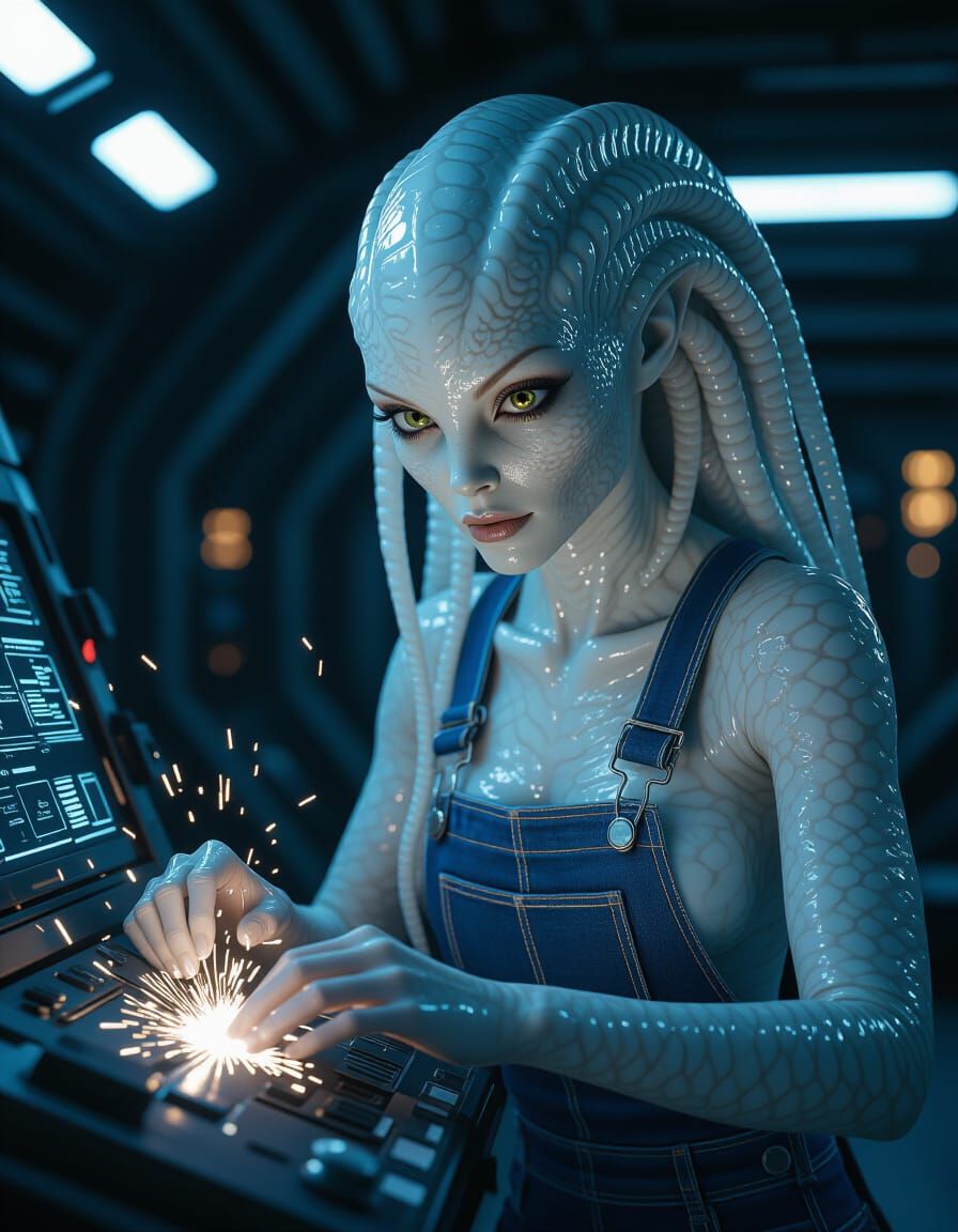 Alien Woman With Tentacle Hair Repairs Spaceship Panel