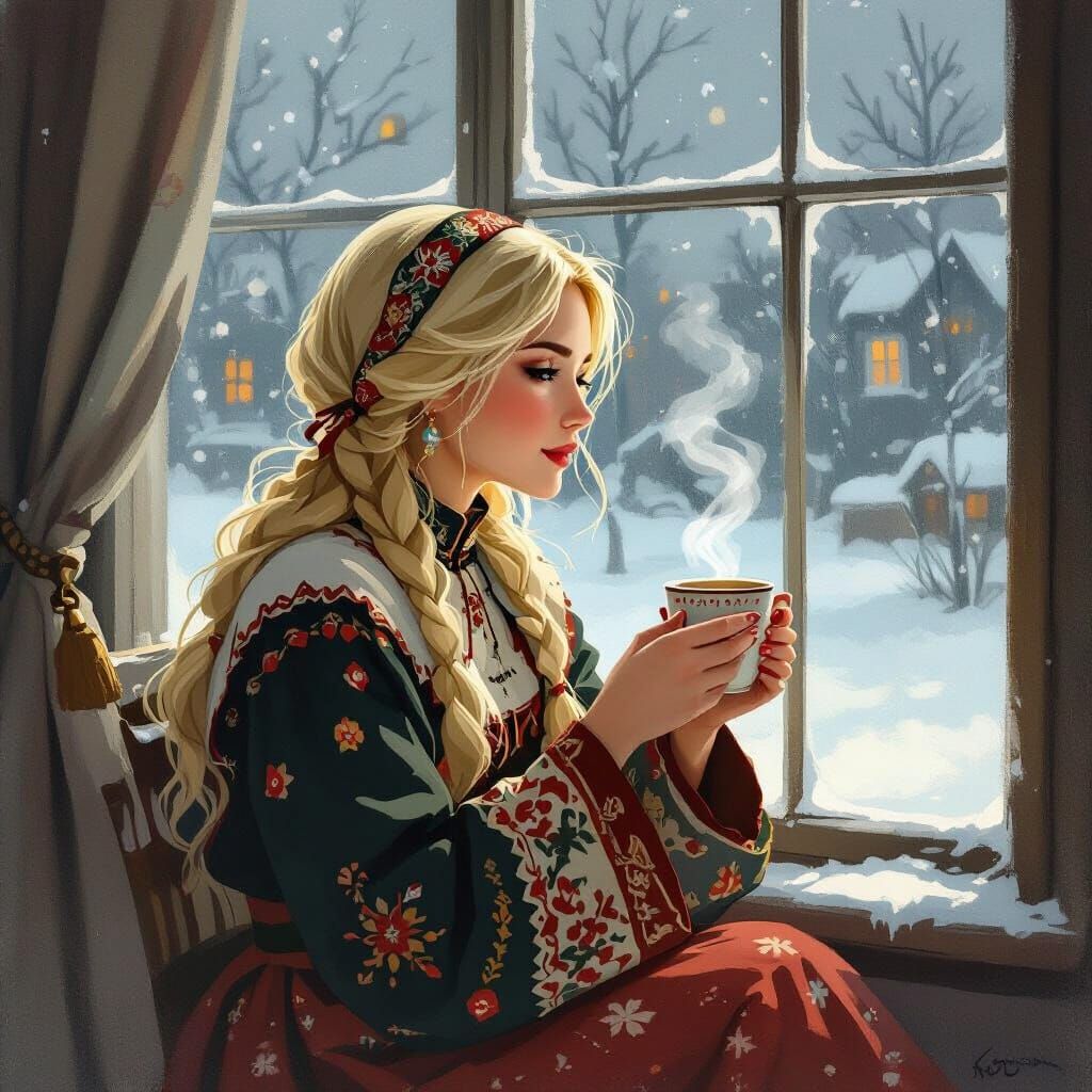 Russian Woman by Window in Snowy Evening Storybook Style