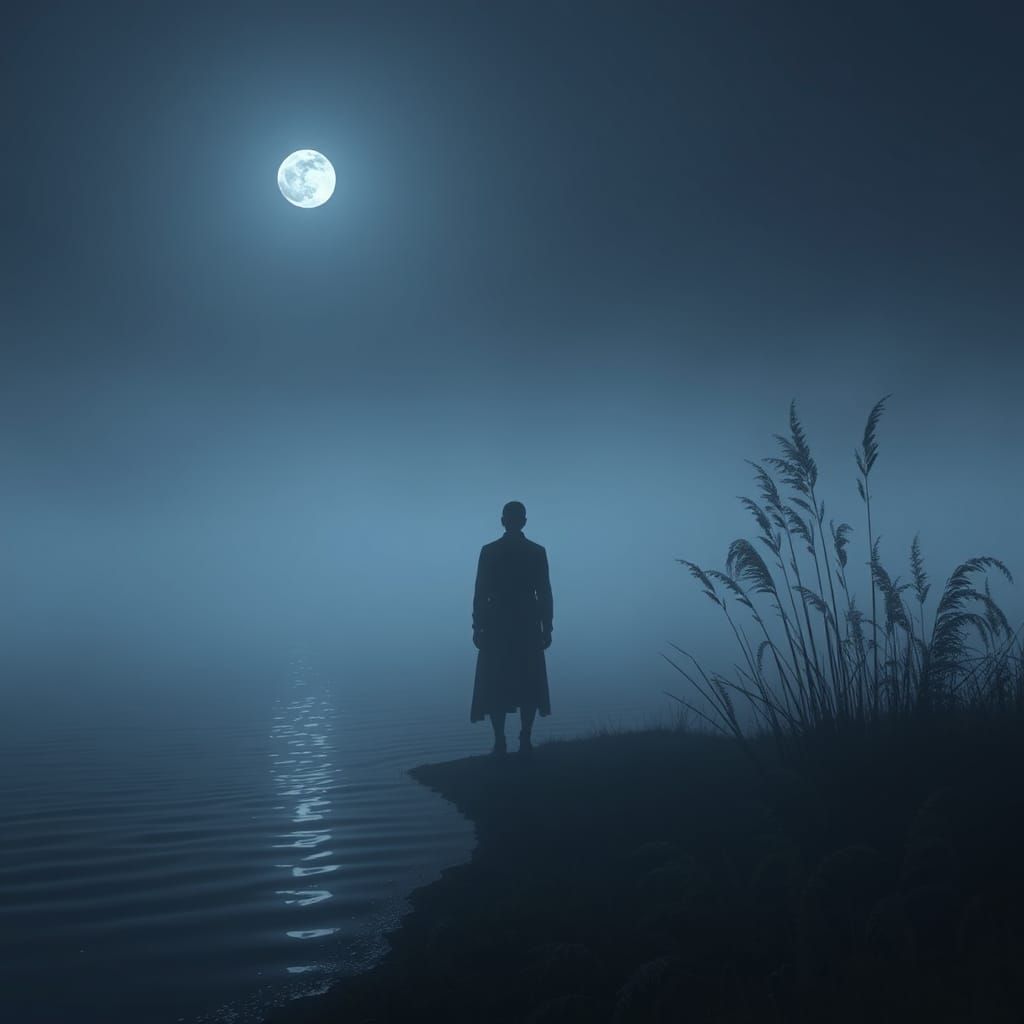 Contemplative Figure at Moonlit Lake in Atmospheric Lighting