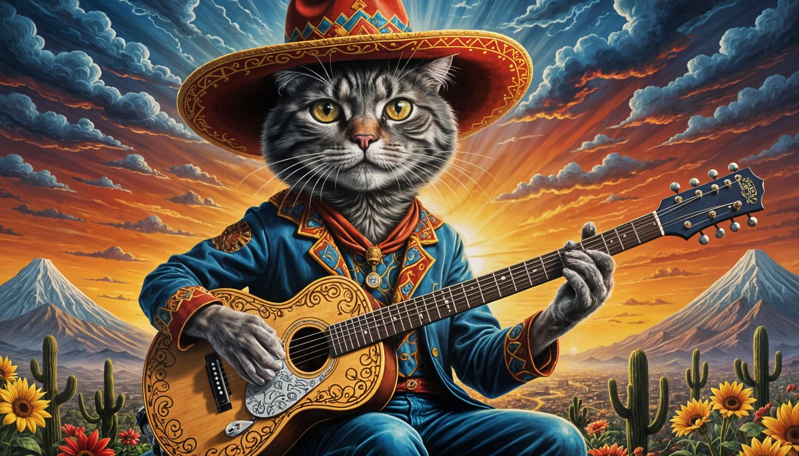 Feline Maestro Shreds Guitar Under Stormy Skies in Hyperreal...