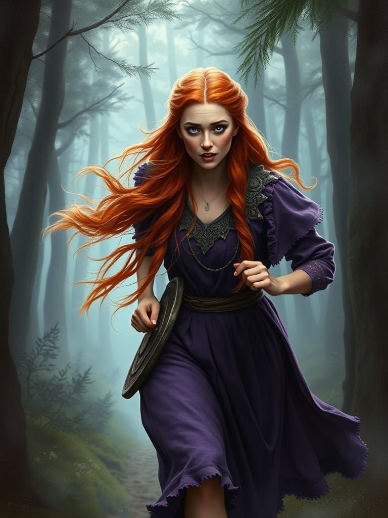 Ethereal Viking Maiden Flees Dark Forest