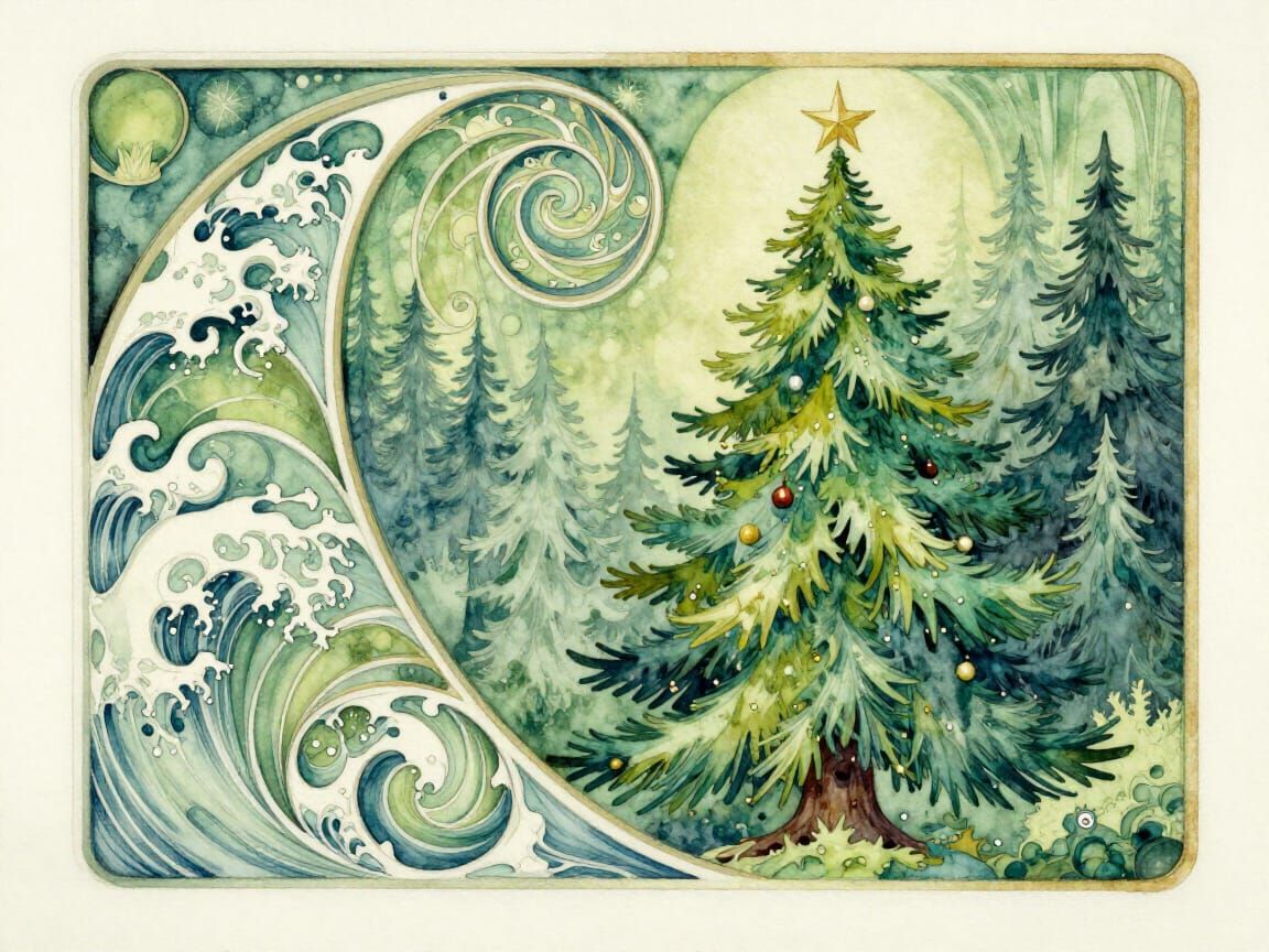 Art Nouveau Christmas Forest in Green Hues