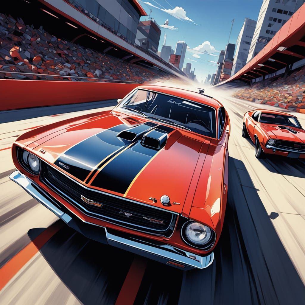Muscle Car Racing at Extreme Speed in Anime Style
