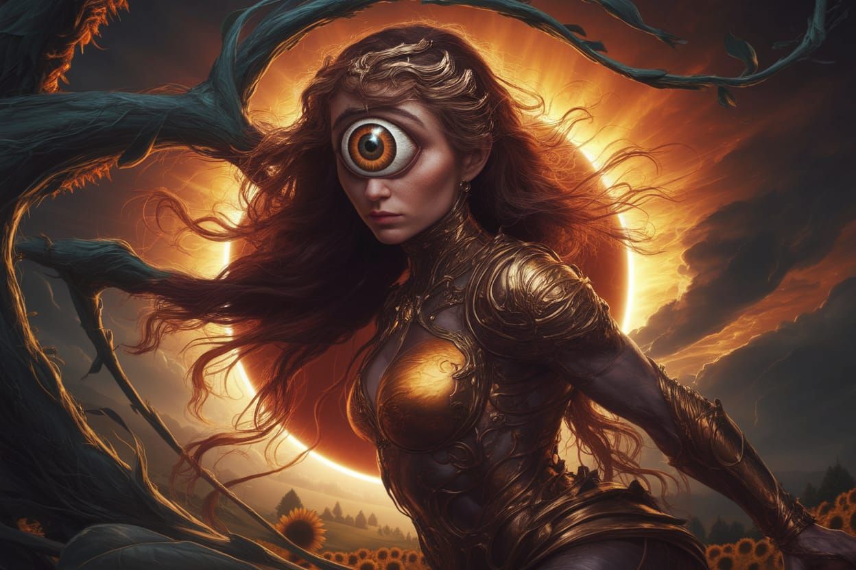 Beautiful Cyclops Giantess in Sunflower Field at Sunset