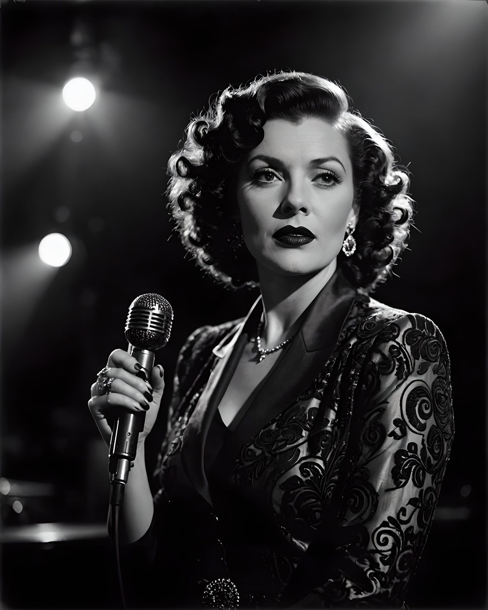 Vintage Singer Portrait in Dark Club, Black and White
