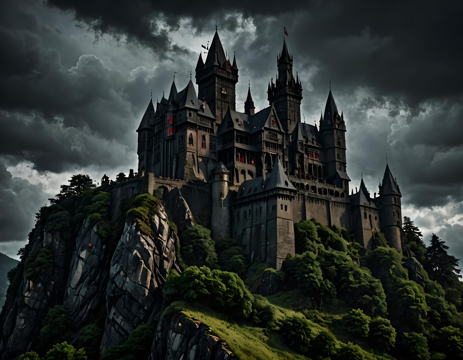 Hyperrealistic Dark Castle of Dracula on a Hill