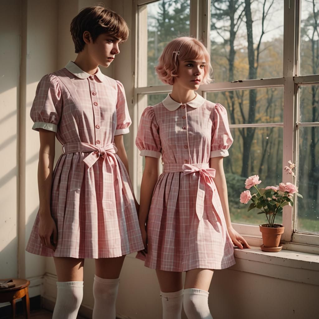 Boys in Pink Dresses at Window, Cinematic Film Still