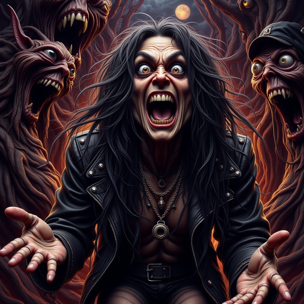 Hyperrealistic Ozzy Osborne in a Fiery Rock Performance