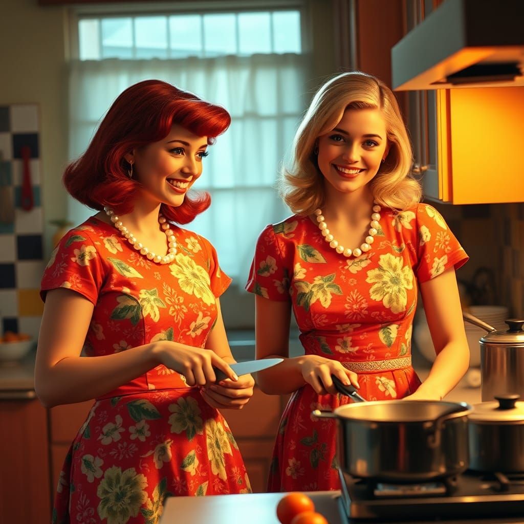 1960s Tradwives Preparing Dinner, Hyperrealistic Splash Art