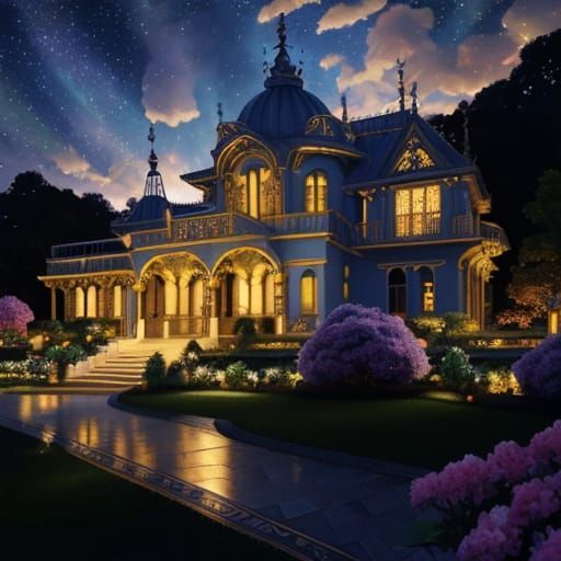 Fira in Art Nouveau Garden at Night