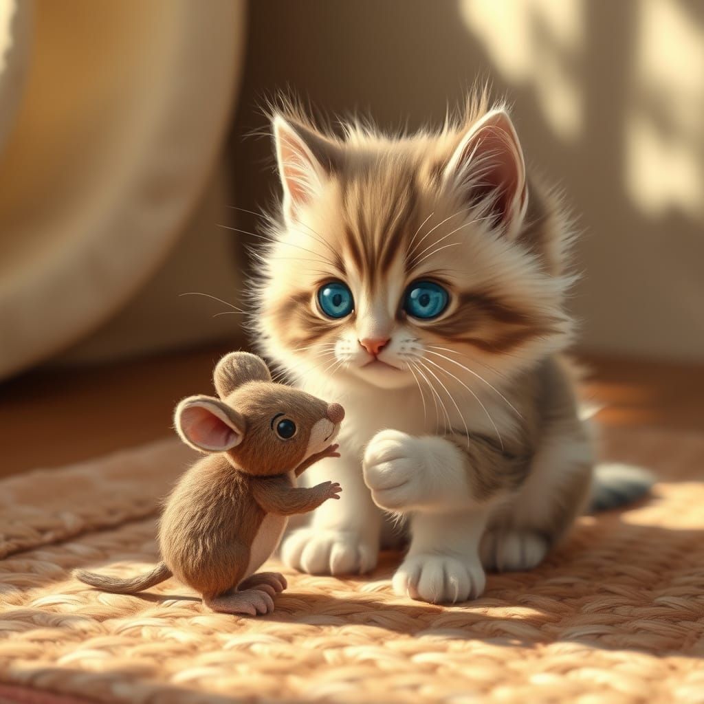 Adorable Kitten Plays with Mouse Plushie in Storybook Style