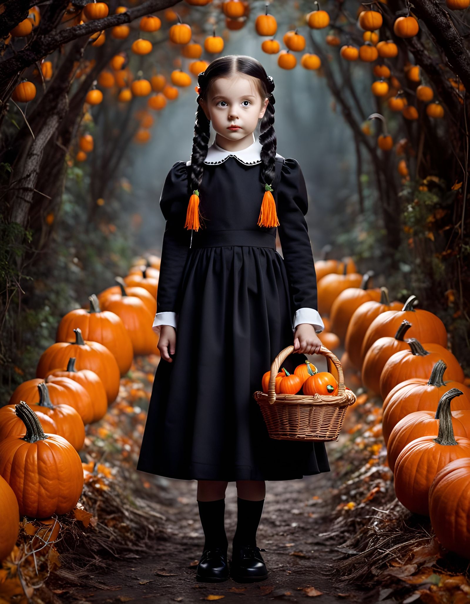 Girl as Wednesday Addams with Halloween Pumpkins