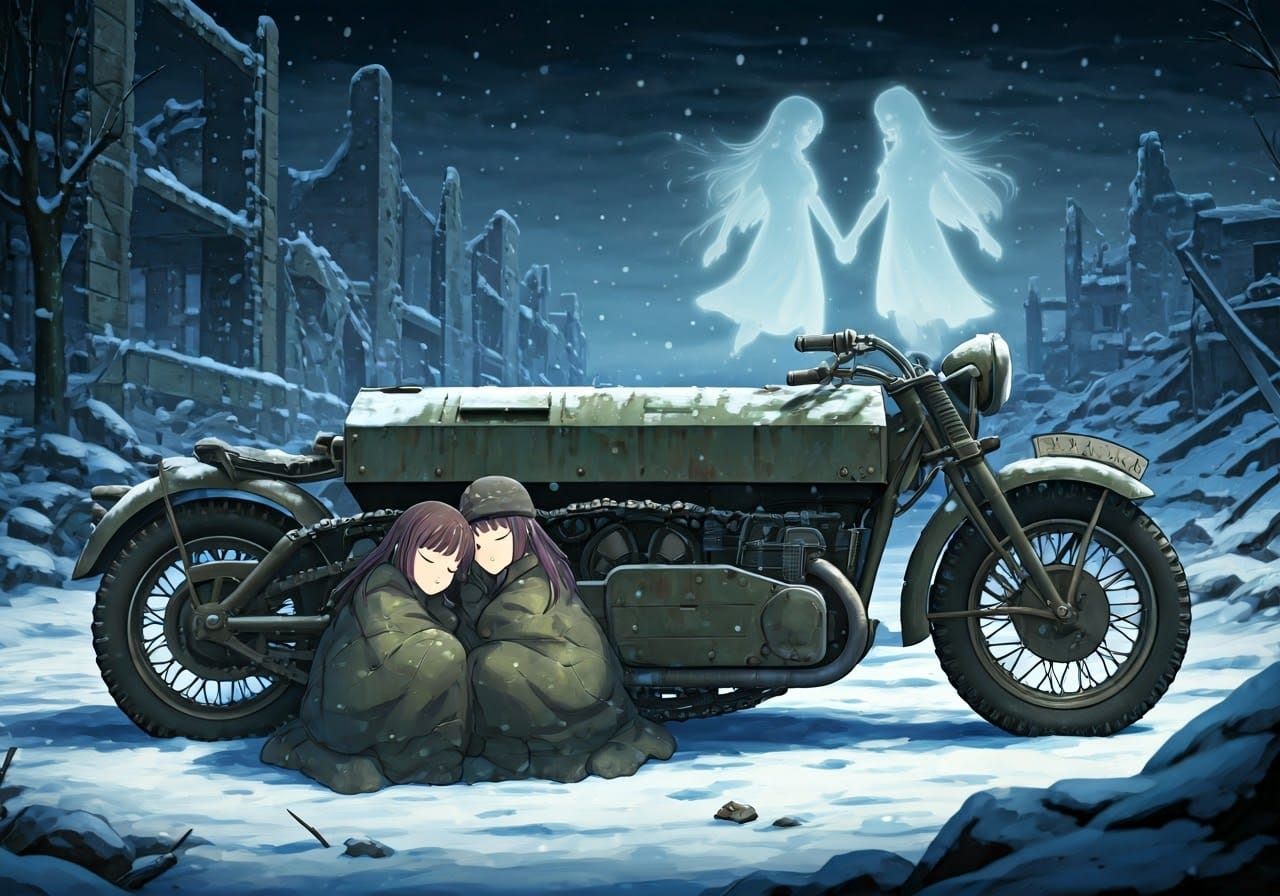 Ethereal Girls' Last Tour Anime Scene in War-Torn Landscape
