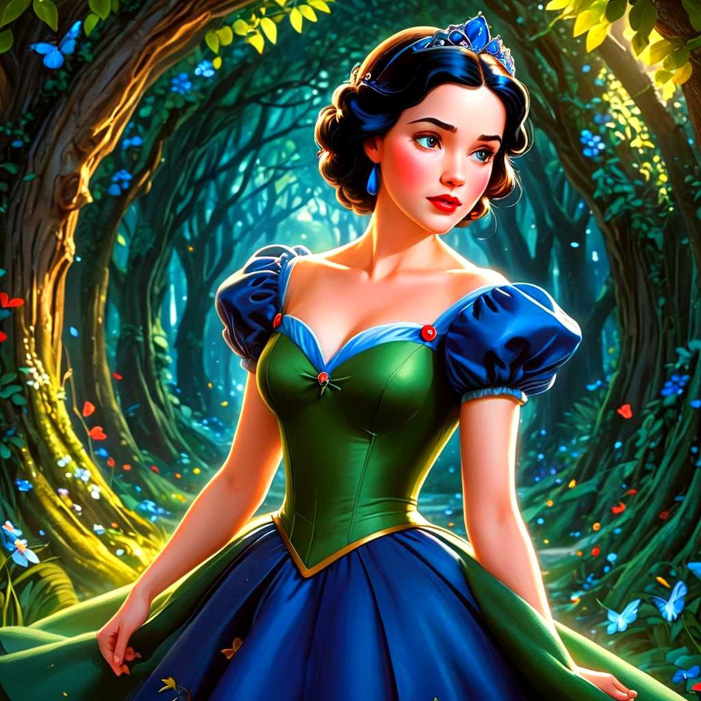 Snow White Reimagined in Green Dress: 3D Art