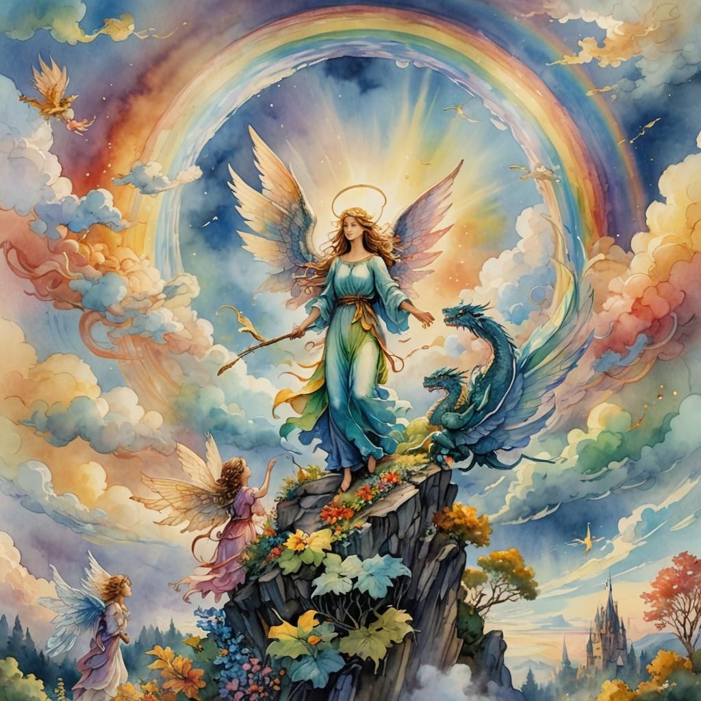 Angel, Fairy, and Dragon: Watercolor Rainbow Scene
