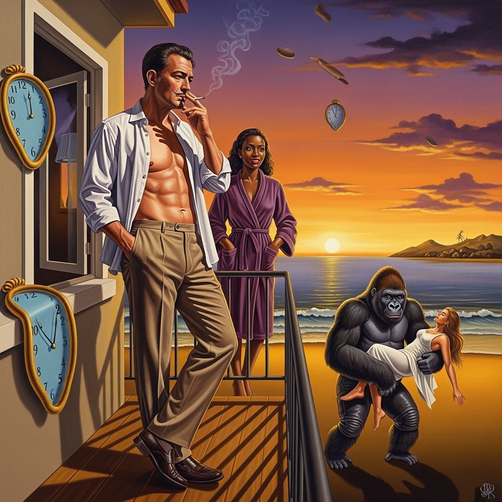 Surreal Beachside Sunset Painting in Salvador Dalí Style