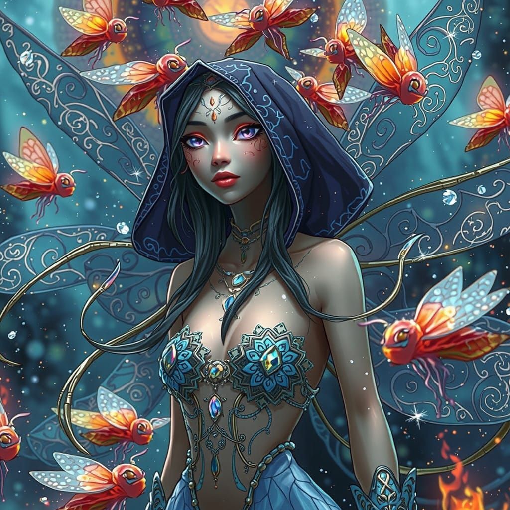 Mystical Firefly Dancer in Whirling Vortex of Light