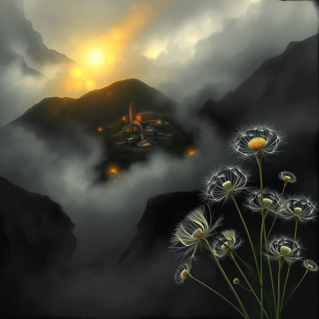 Mystical Village in Charcoal Dreamscapes