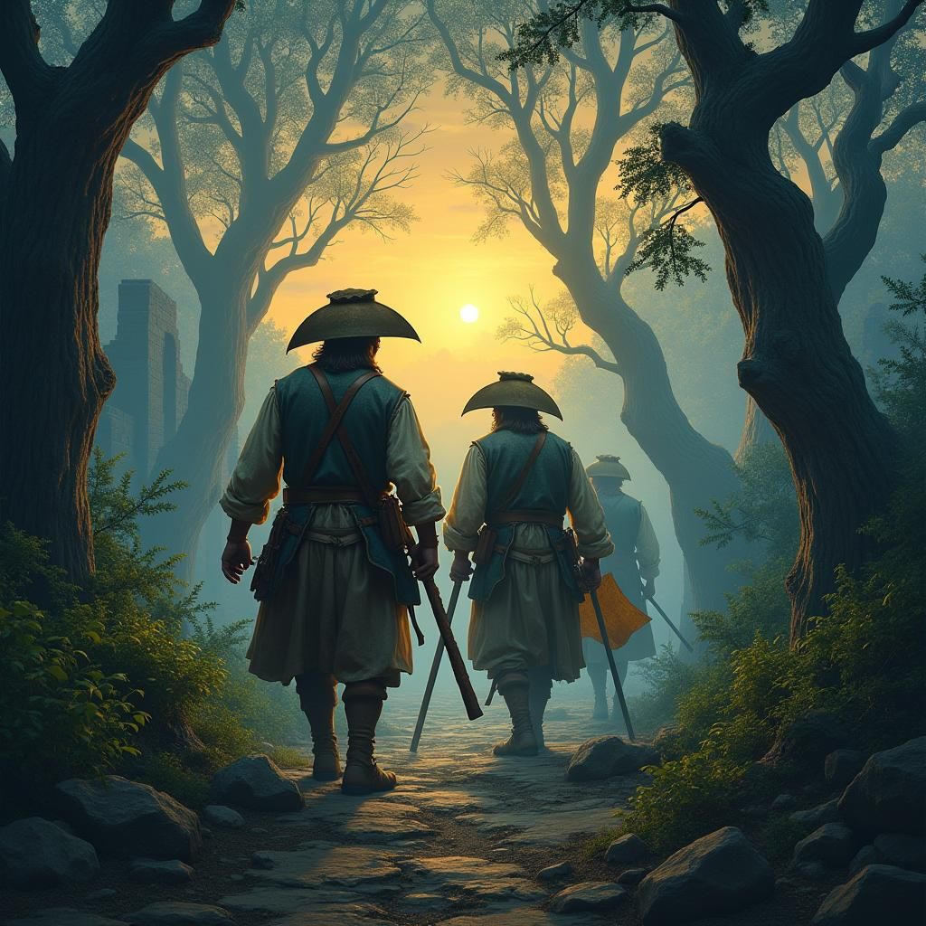 English Explorers in Jamestown Wilderness at Sunset