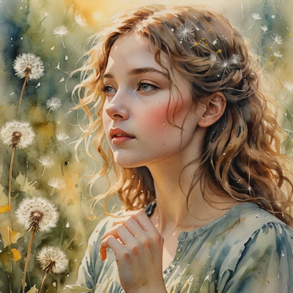 Dreamy Watercolor Portrait of Girl with Dandelion