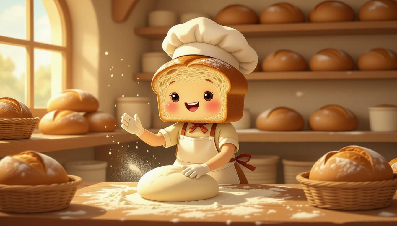 Joyful Baker Bread Loaf Character in Rustic Bakery
