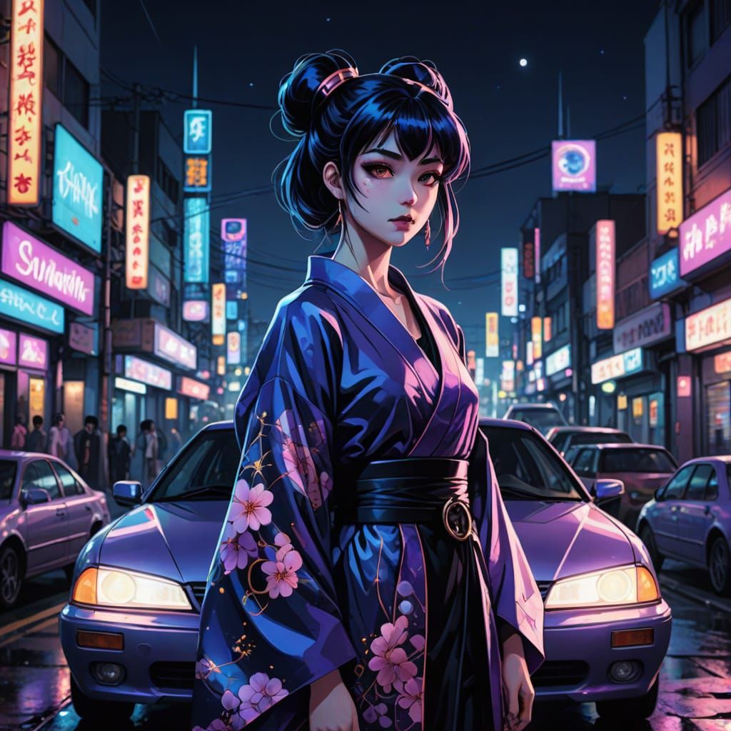Goth Girl in Kimono Leans on Car in Neon Cityscape