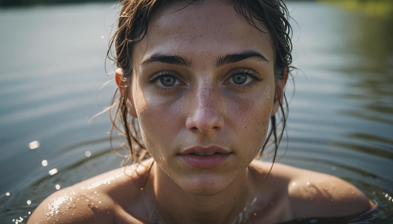 Young Woman Bathes in Lake on Summer Day