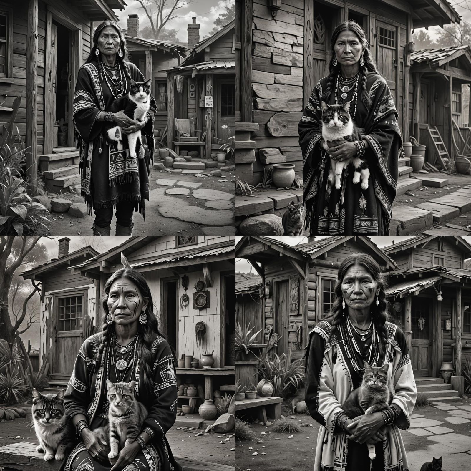 Native American Woman Portrait with Cat in Black and White