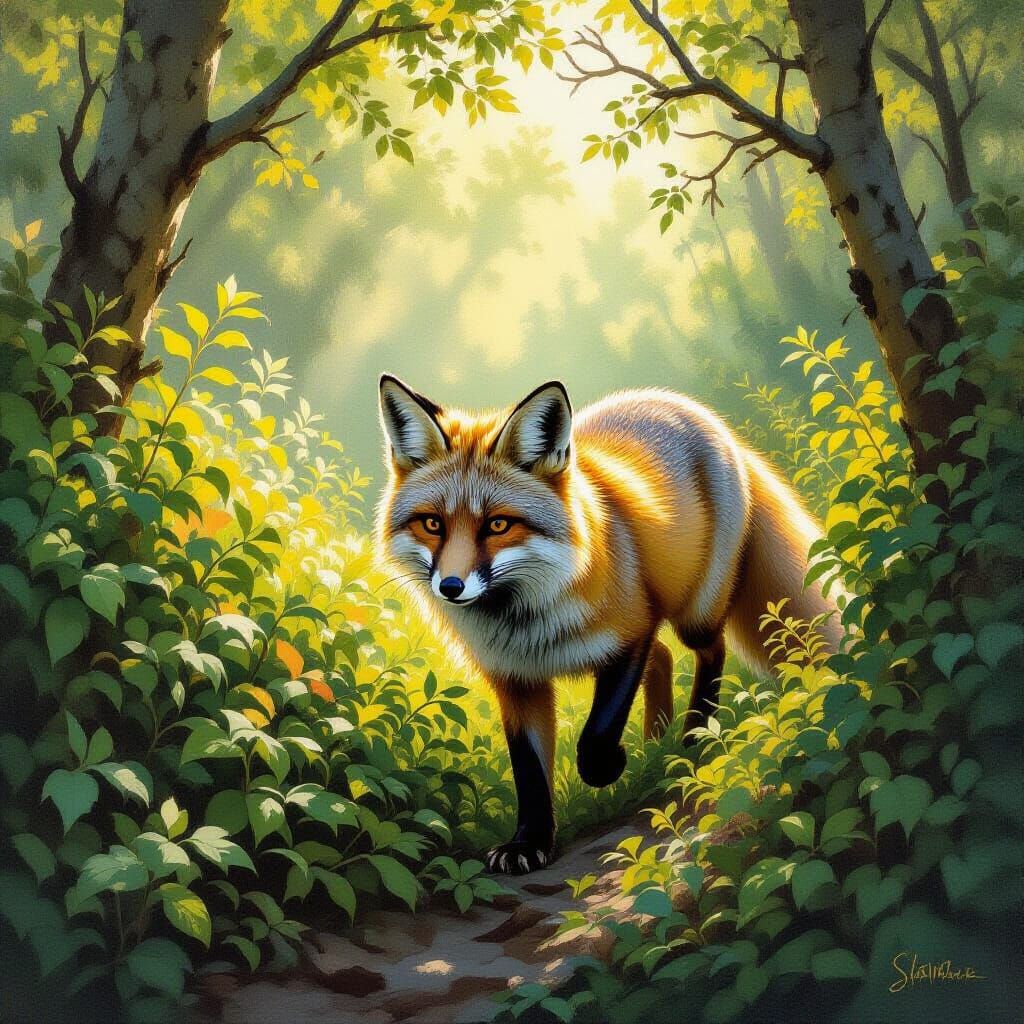 Grey Fox in Forest, Oil Painting Style