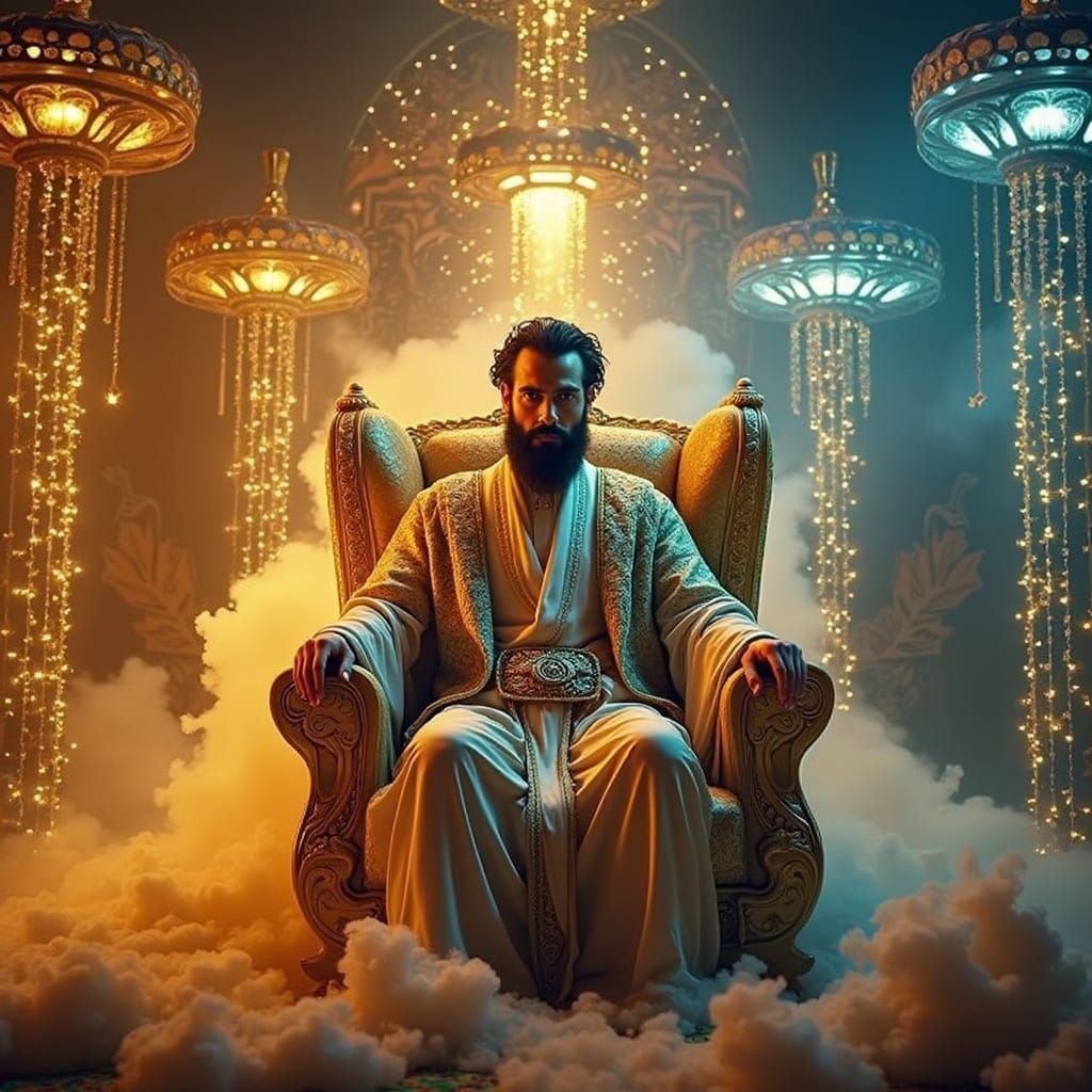 Middle Eastern Man on Gold Throne, Hyper-Realistic Portrait