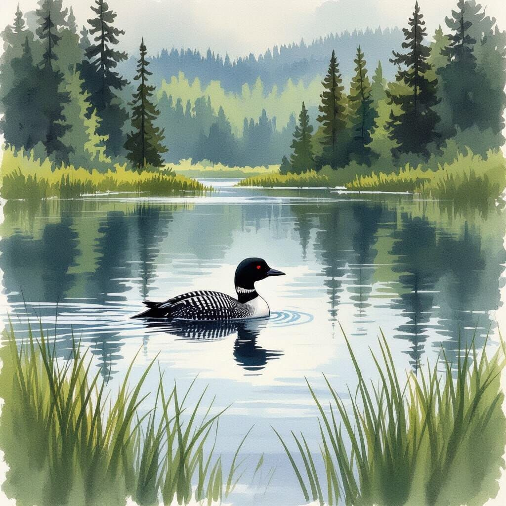 Loon on Serene Lake in Soft Watercolour Style
