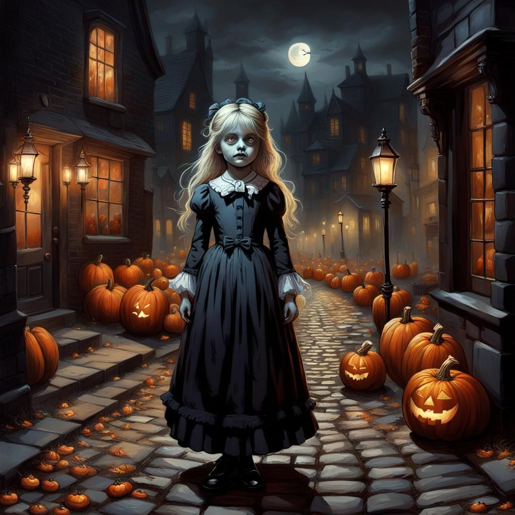 Ghostly Victorian Girl with Candle on Halloween Street