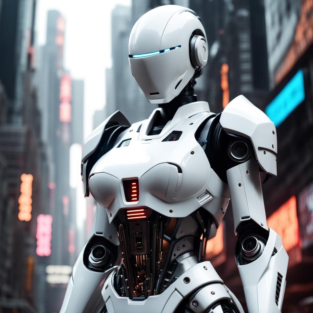 Apocalyptic Cyberpunk City with Faceless Robot