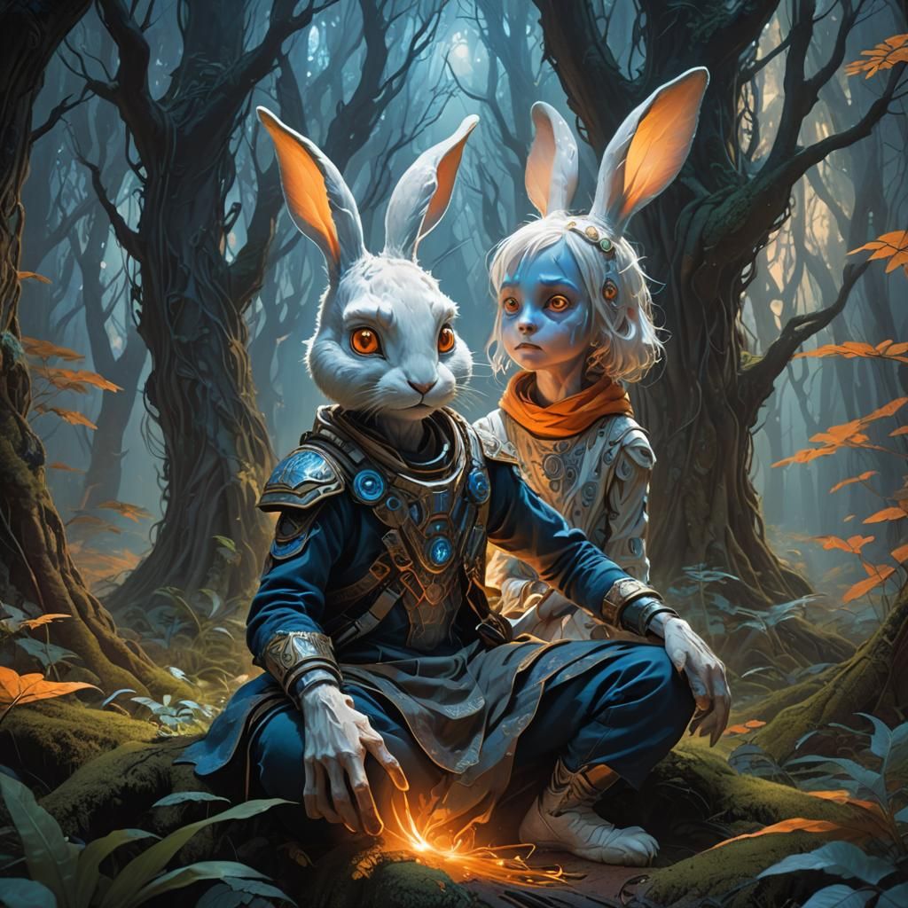 Rabbit-Faced Alien Child in Ethereal Forest