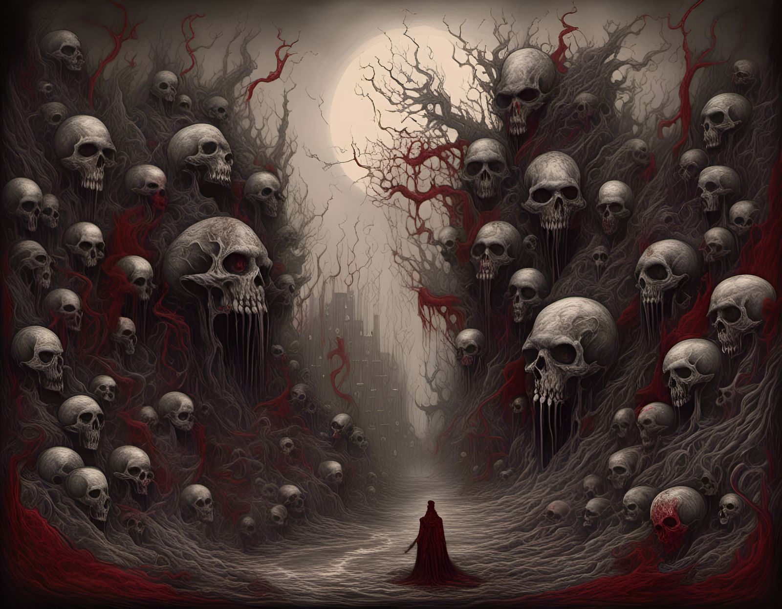 Horrific Skull Forest in Coloured Charcoal Style