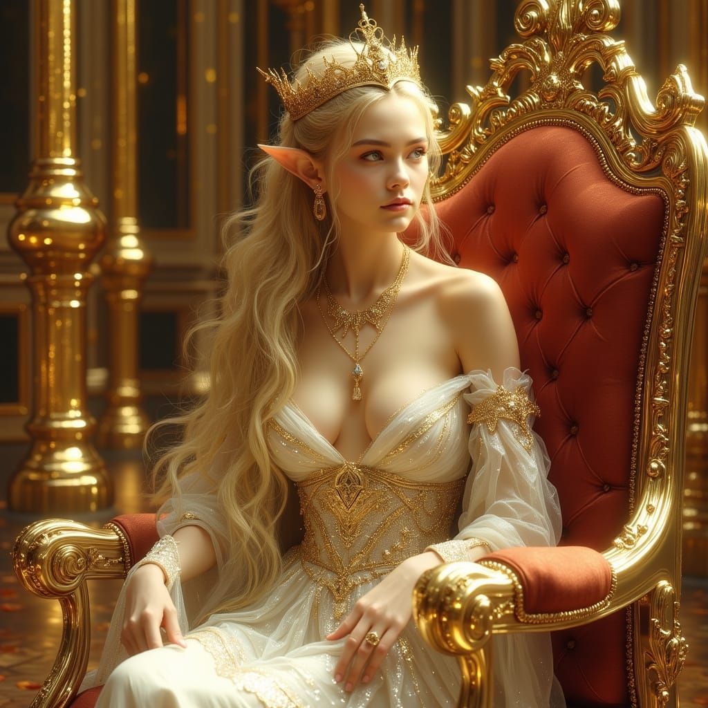 Blonde Elf Queen on Throne in Art Nouveau Style