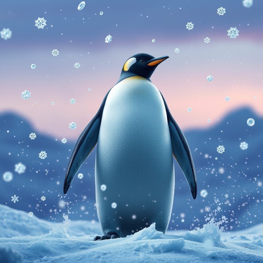 Majestic Emperor Penguin Amidst Icy Whirlwind in Frosty Mosa...