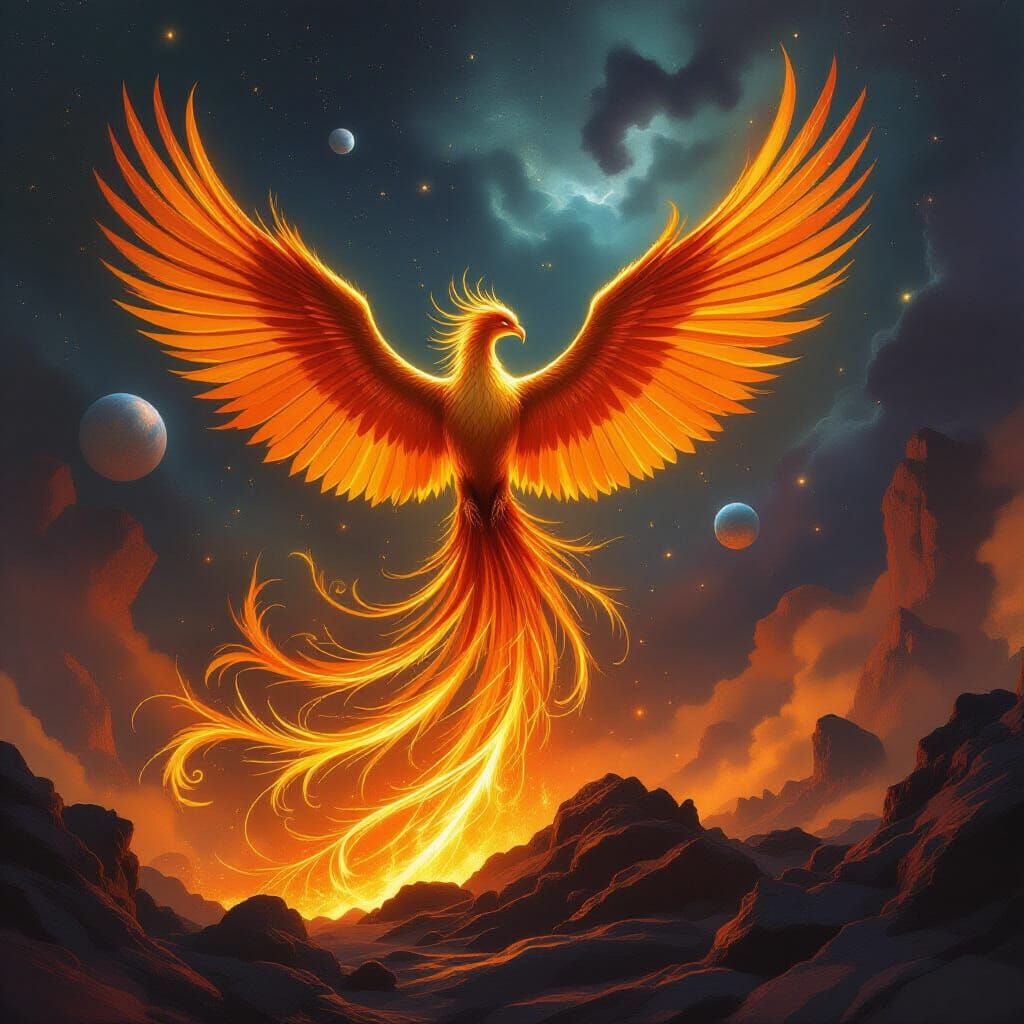 Phoenix Rising from Molten Gold in Fantasy Art Style