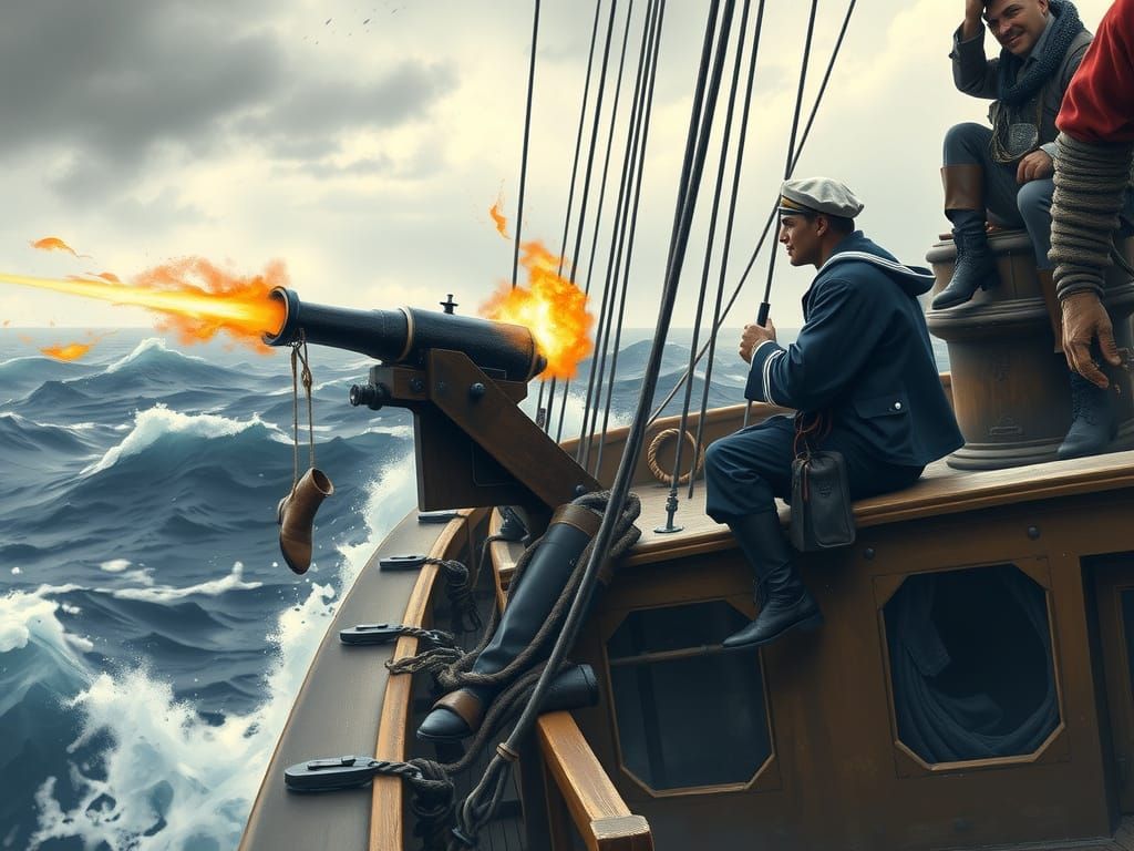 Naval Gunner Firing Salutes in Stormy Seas, in Dramatic Arti...