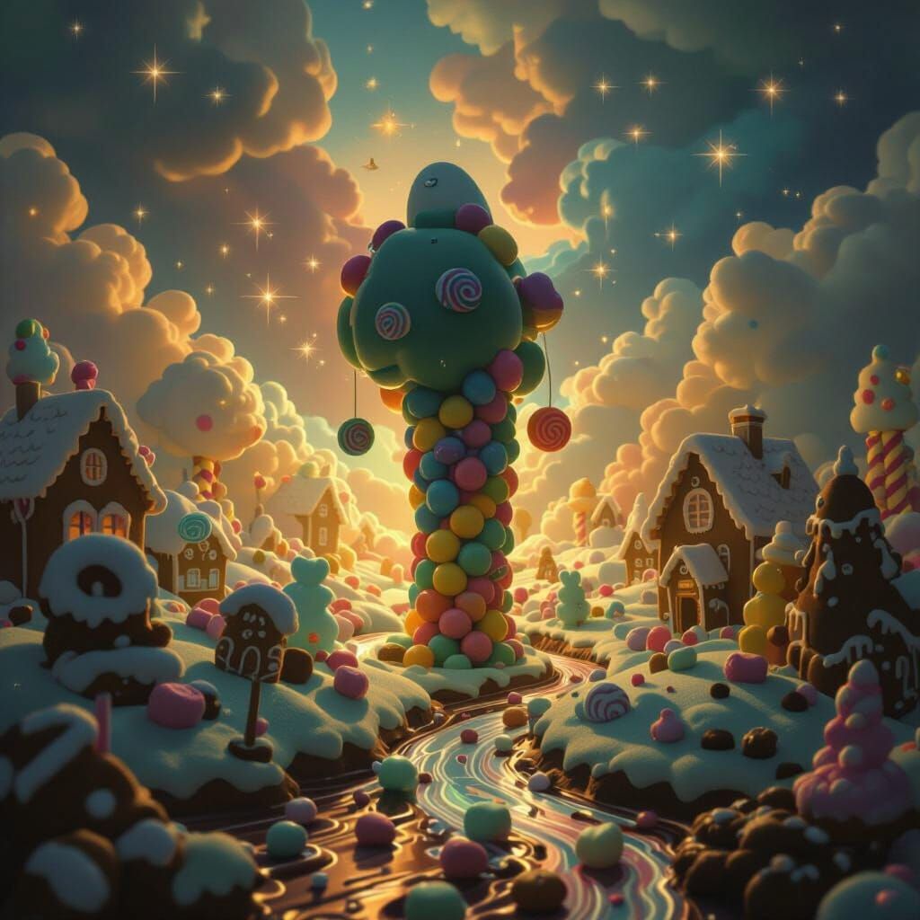 Whimsical Candy Land Digital Painting with Gummy Trees