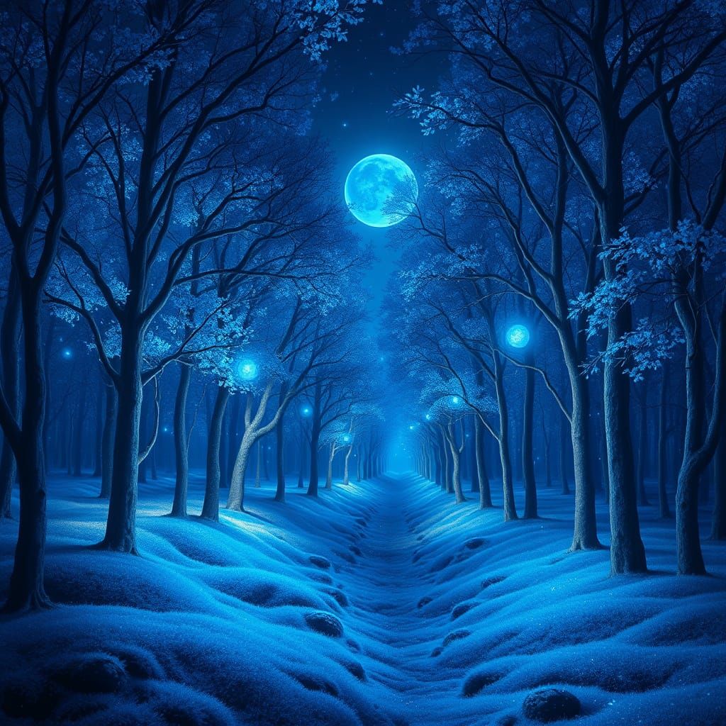 Enchanted Sapphire Forest with Glowing Orbs