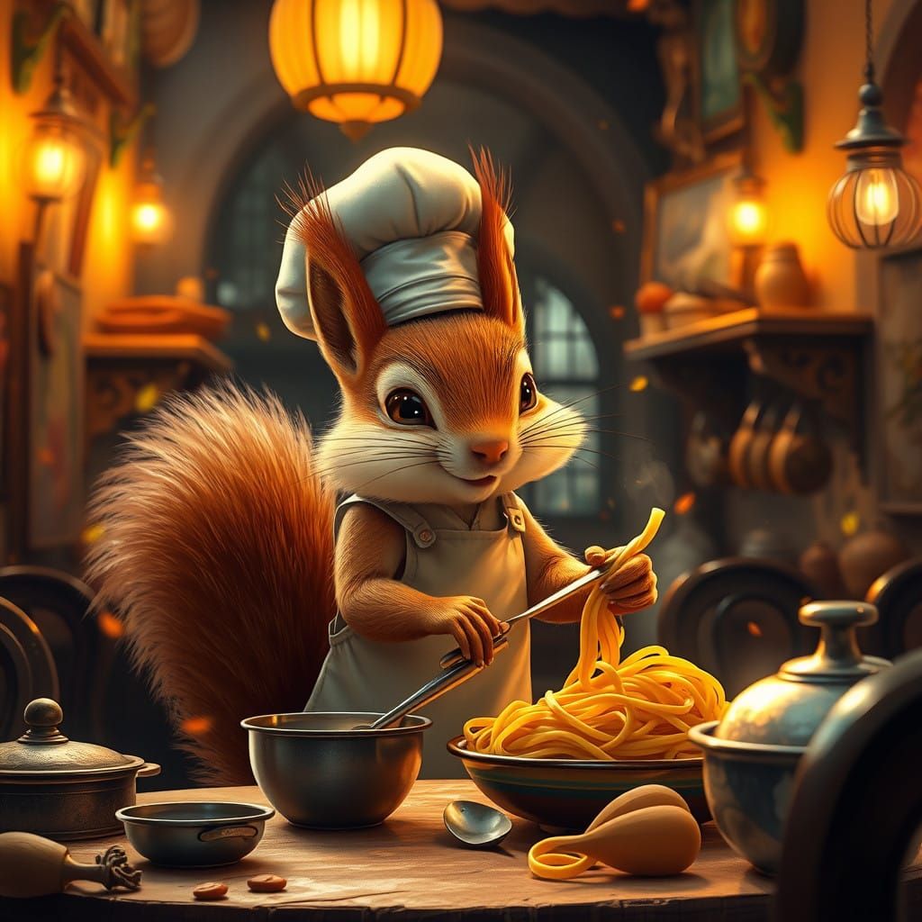 Italian Chef Squirrel Whips Up Pasta in Whimsical Italian Re...