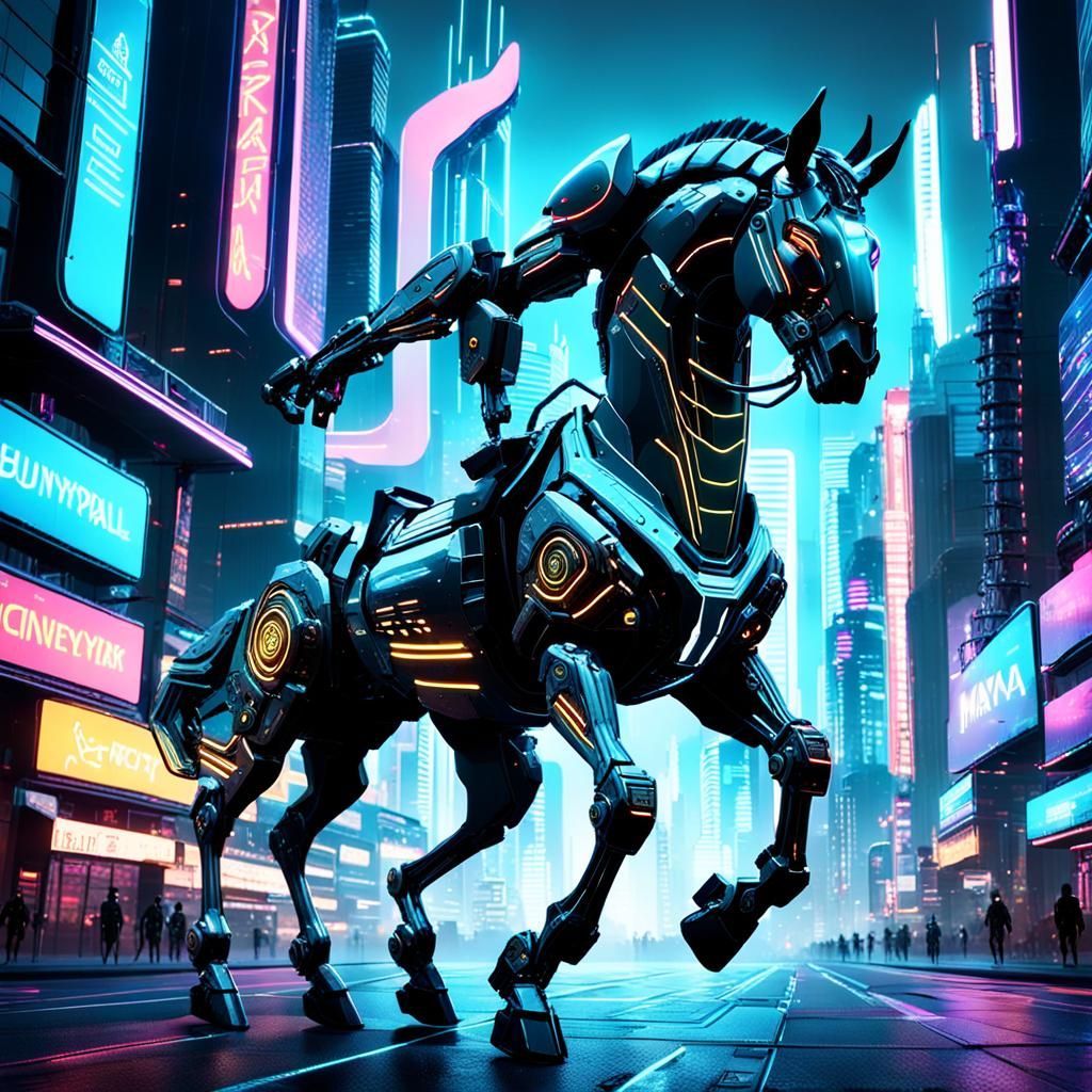 Cybernetic Centaur Galloping Through Neon Cityscape