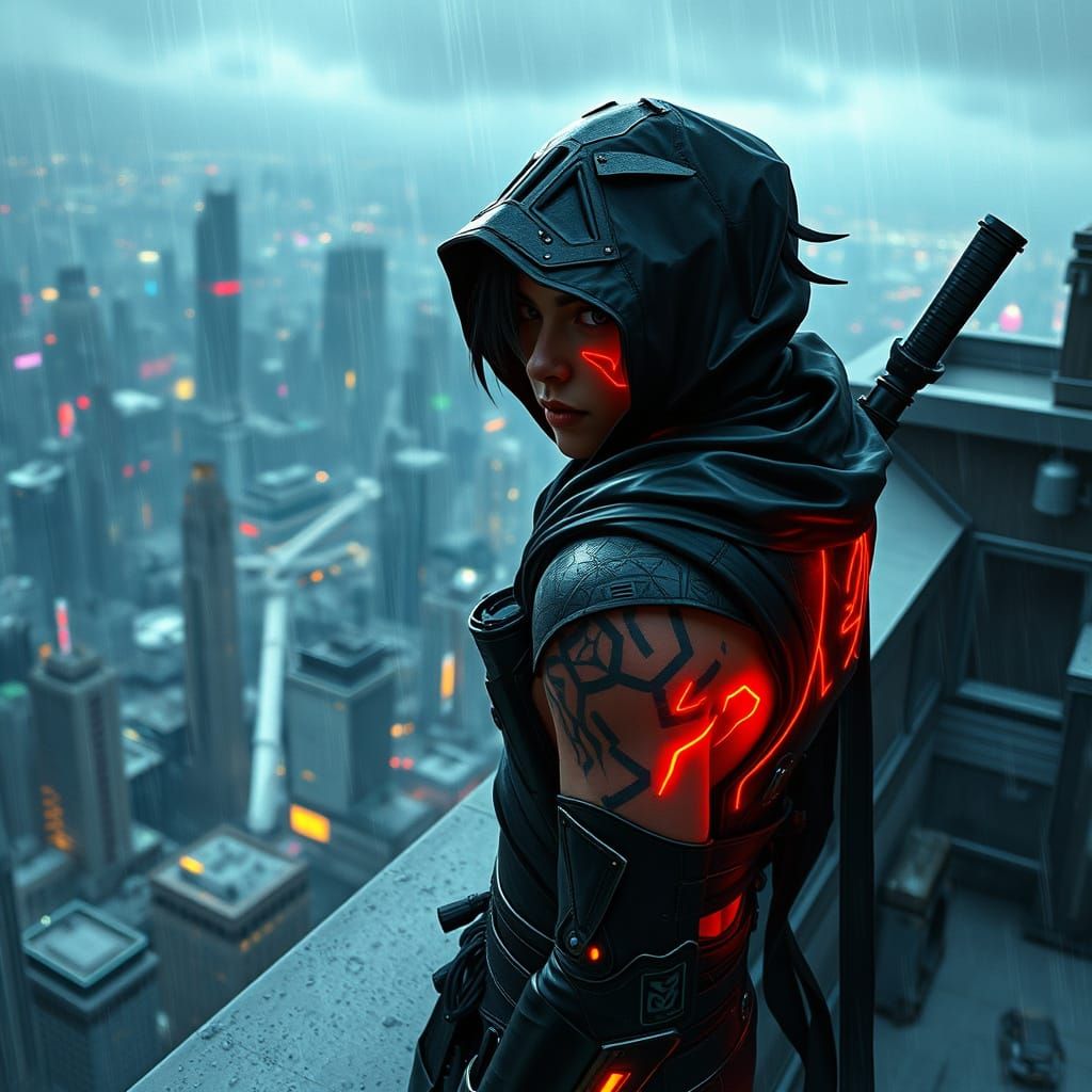 Cyberpunk Cyborg Ninja on Rainy Rooftop in Neon-Lit City