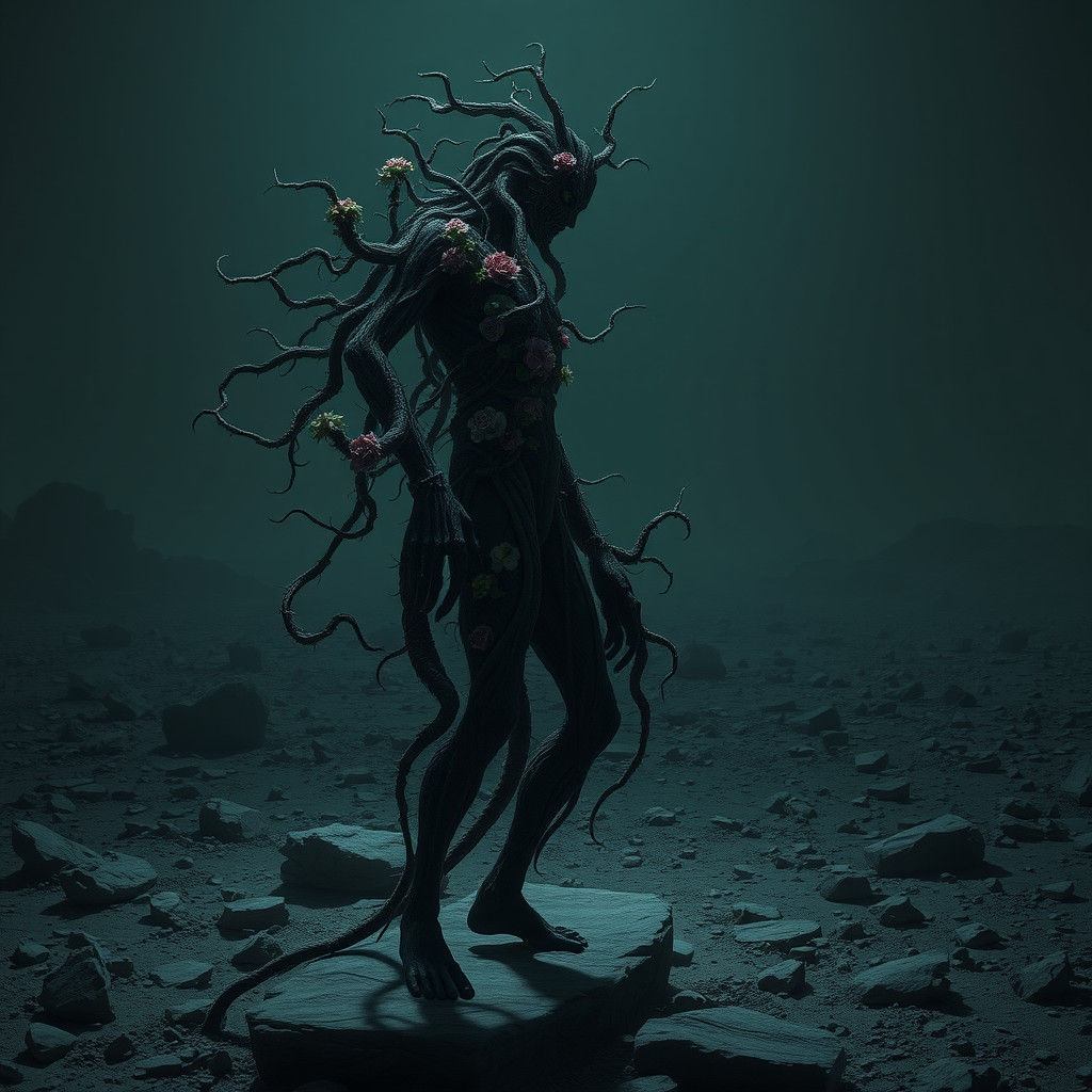 Carnivorous Plant Humanoid in Gothic Landscape