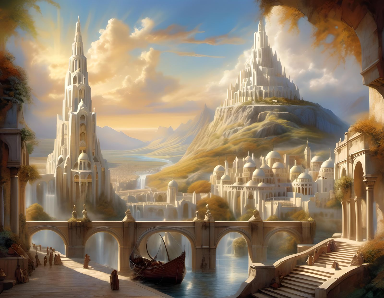 Minas Tirith: Watercolor Art Deco City Illustration
