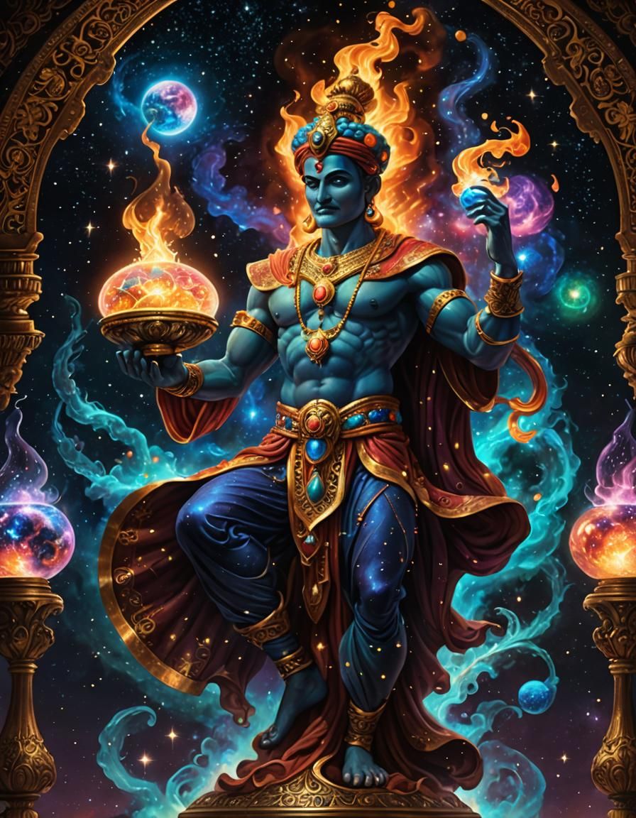 Majestic Genie Emerges from Ancient Lamp in Cosmic Galactic....